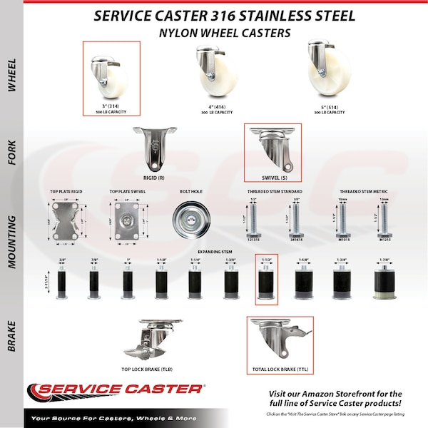 Service Caster 3 Inch 316SS Nylon Wheel Swivel 1-1/2 Inch Expanding Stem Caster Set Lock Brake SCC-SS316TTLEX20S314-NYS-112-4 - main